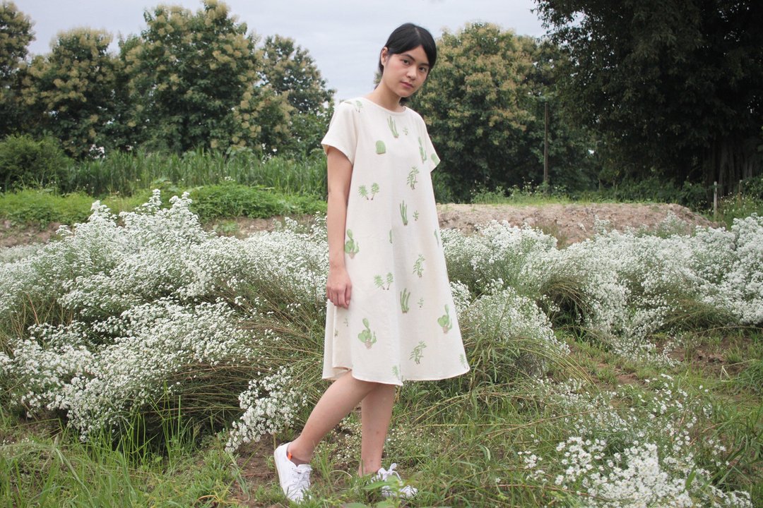 Cactus dress with pockets / 100% cotton 4 color silk screen - 洋装/连衣裙 - 棉 绿色