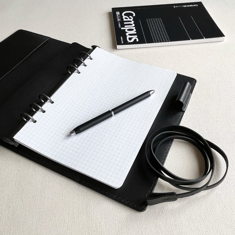 艾曼纽 A5 六孔活页皮革笔记本/书衣/手帐/ - 石墨黑 - 笔记本/手帐 - 真皮 黑色