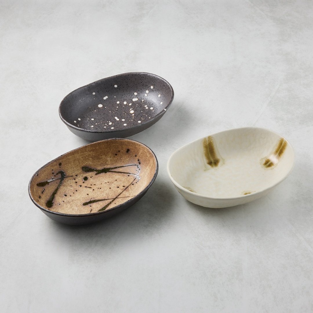 日本美浓烧 - 禅风釉烧椭圆深盘 - 礼盒组(3件式) - 20.5cm - 盘子/餐盘/盘架 - 瓷 多色