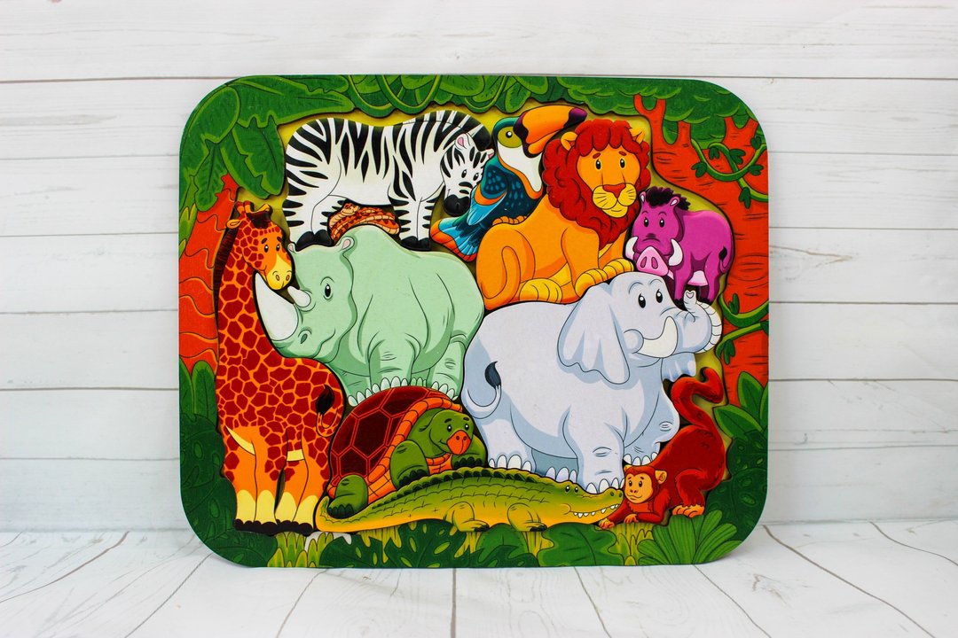 Wooden Puzzle - african jungle anim, Montessori toddler toy, jigsaw board - 玩具/玩偶 - 木头 金色