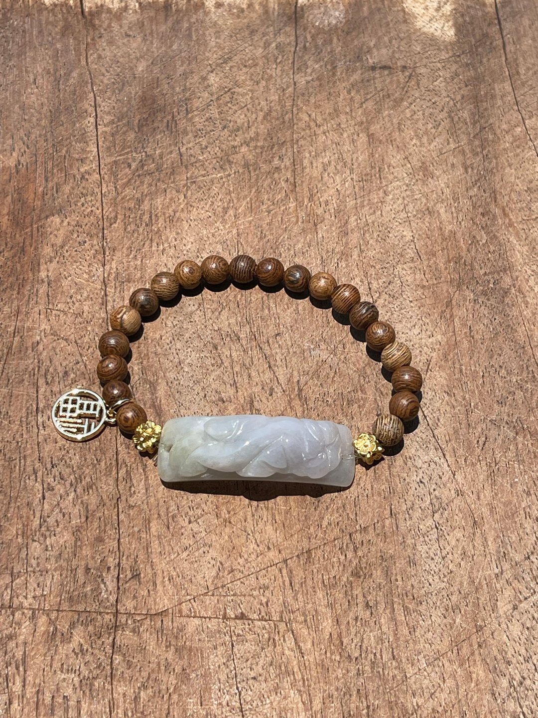 招财纳福手链-貔貅手牌。天然翡翠。鸡翅木珠 - 手链/手环 - 玉石 卡其色