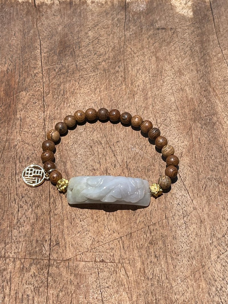 招财纳福手链-貔貅手牌。天然翡翠。鸡翅木珠 - 手链/手环 - 玉石 卡其色