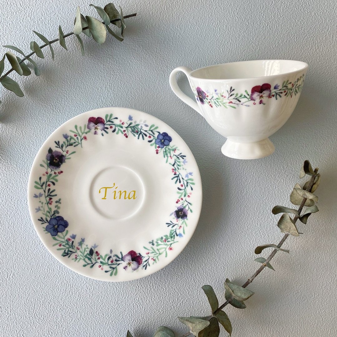 唯美三色堇骨瓷午茶杯盘组 圣诞交换礼物 量多价 - 茶具/茶杯 - 瓷 多色