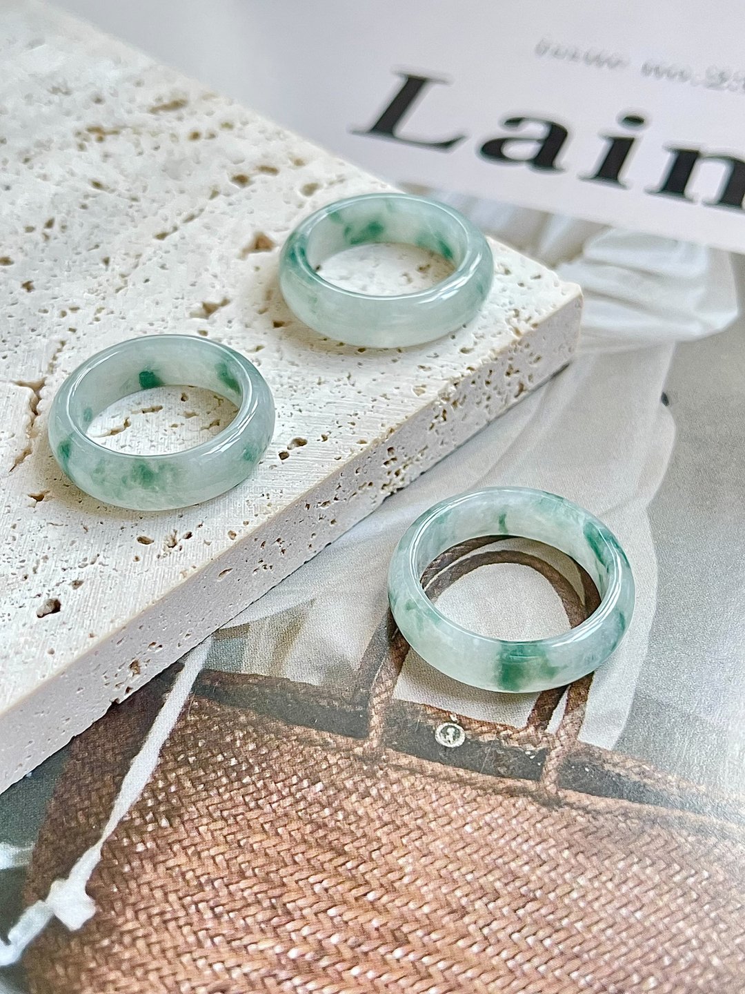 缅甸玉A货翡翠-冰飘花翡翠戒指 玉戒指 戒环 天然石 送礼 玉 jade - 戒指 - 玉石 绿色
