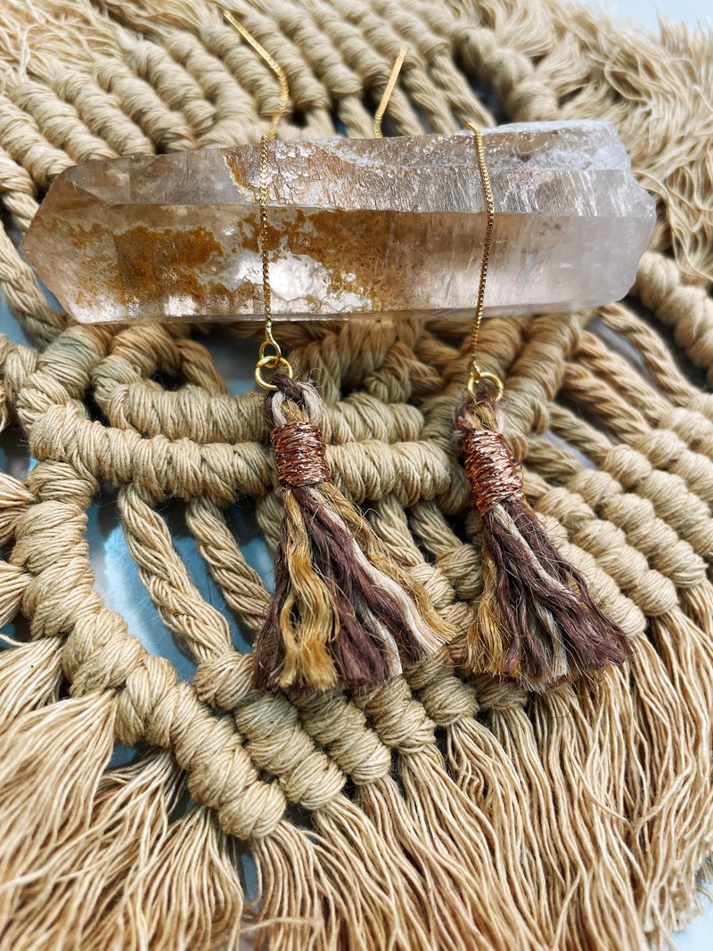 【飞天小扫帚】麻线流苏长耳针耳环 - 耳环/耳夹 - 铜/黄铜 多色