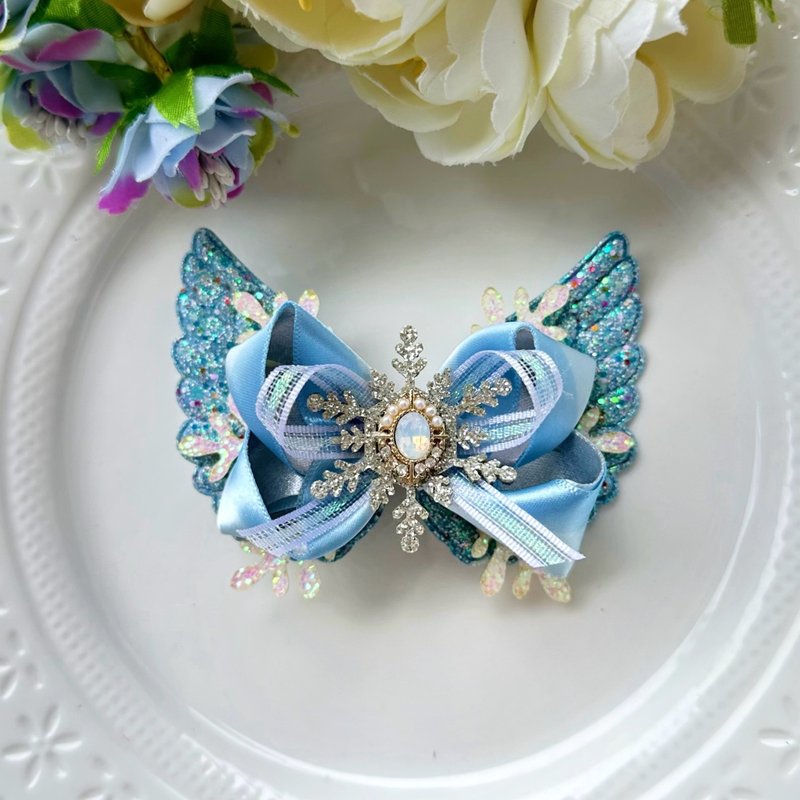 华丽冰雪雪花蝴蝶结夜光翅膀儿童发夹-冰蓝色 - 发饰 - 聚酯纤维 蓝色