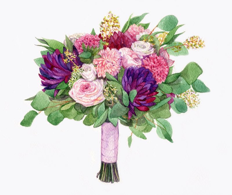Custom Wedding Bouquet Painting Watercolor Bridal flowers portrait Anniversary - 订制画像 - 纸 