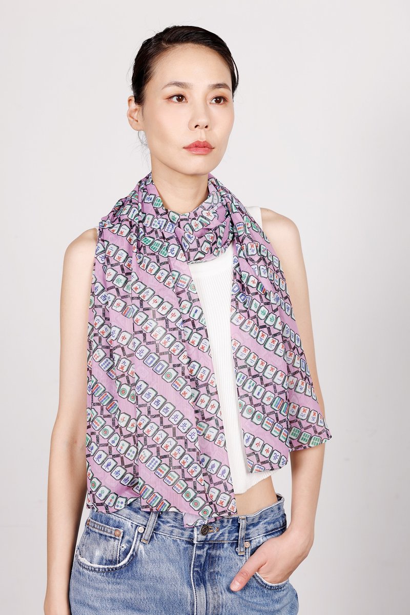 REESE麻将印花雪纺长围巾 (紫) - 丝巾 - 聚酯纤维 紫色