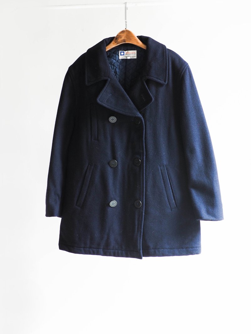 河水山 - 极黑深蓝海洋军恋爱之梦 羊呢古董毛质大衣外套 羊毛 毛呢 古着 wool vintage overcoat oversize - 男装外套 - 羊毛 蓝色