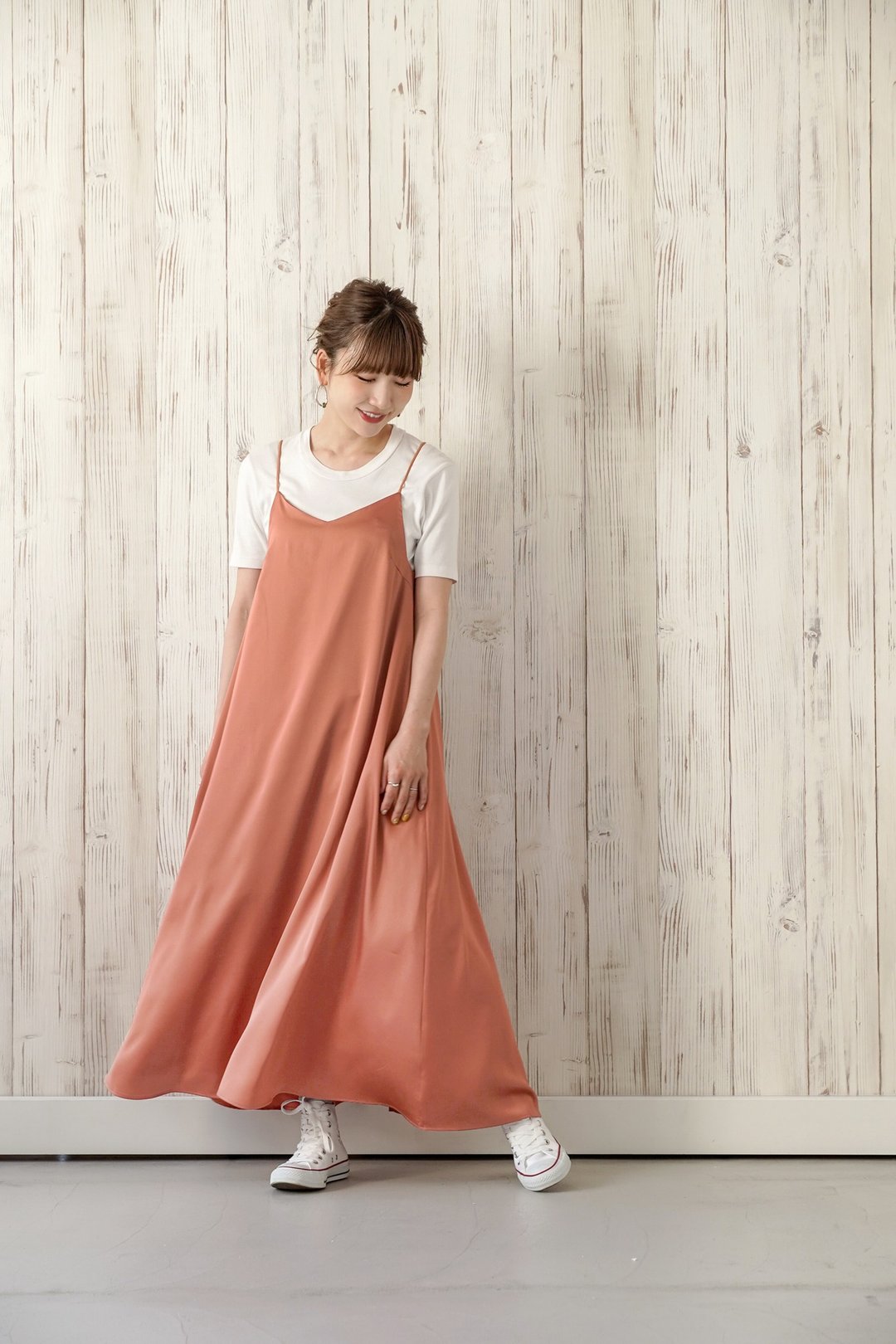 One piece satin material camisole / JS × momo.yokko - 背带裤/连体裤 - 棉 橘色