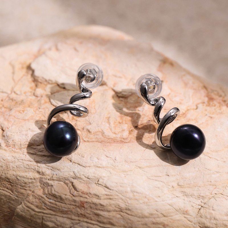 黑色淡水珍珠耳环耳钉 7-8mm 银色丝带耳钉 S373 - 耳环/耳夹 - 珍珠 黑色