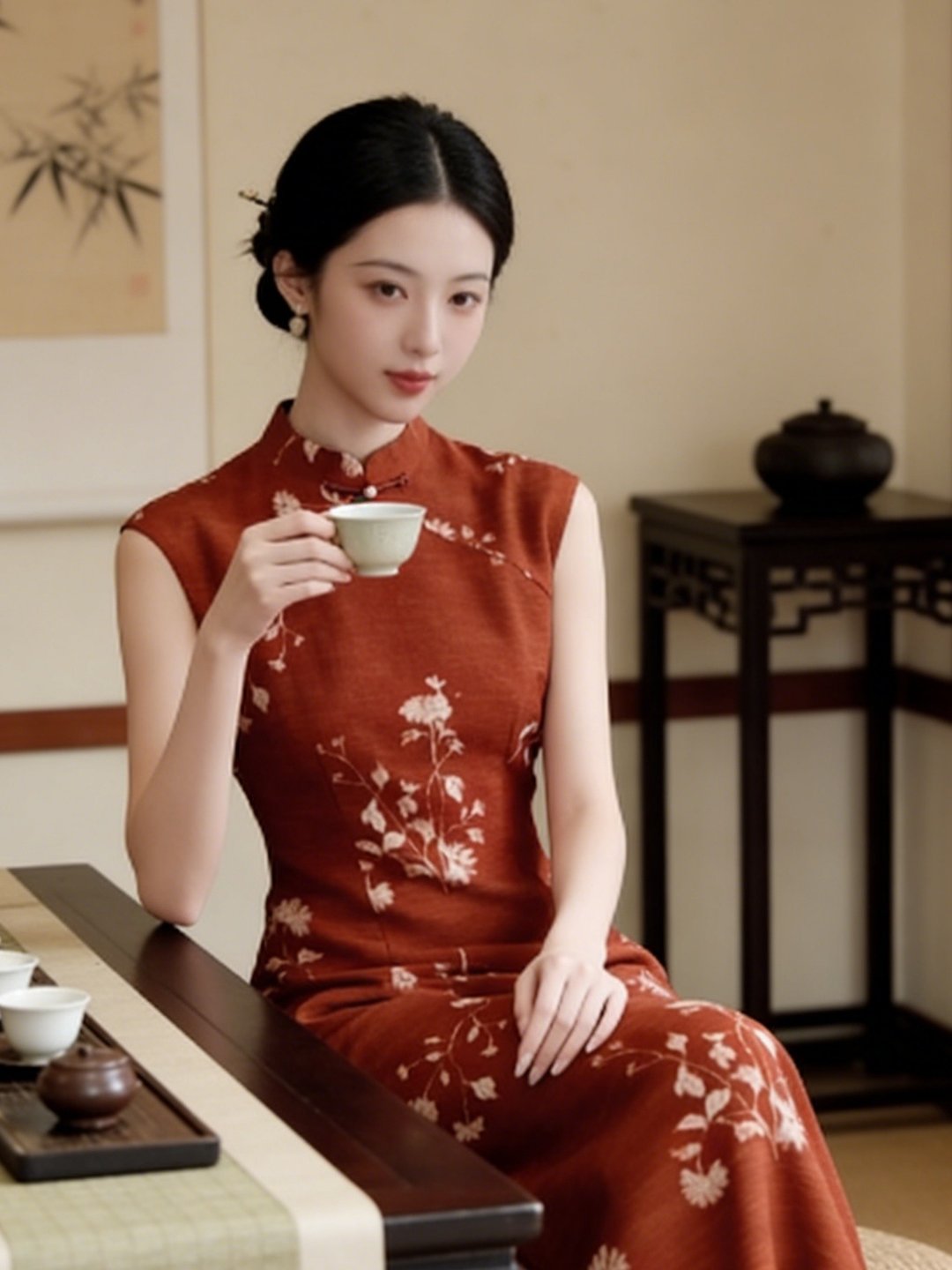 紅色印花 新中式無袖旗袍 立領盤扣敬酒服新娘禮服 國風傳統洋裝 - 旗袍 - 其他人造纤维 红色