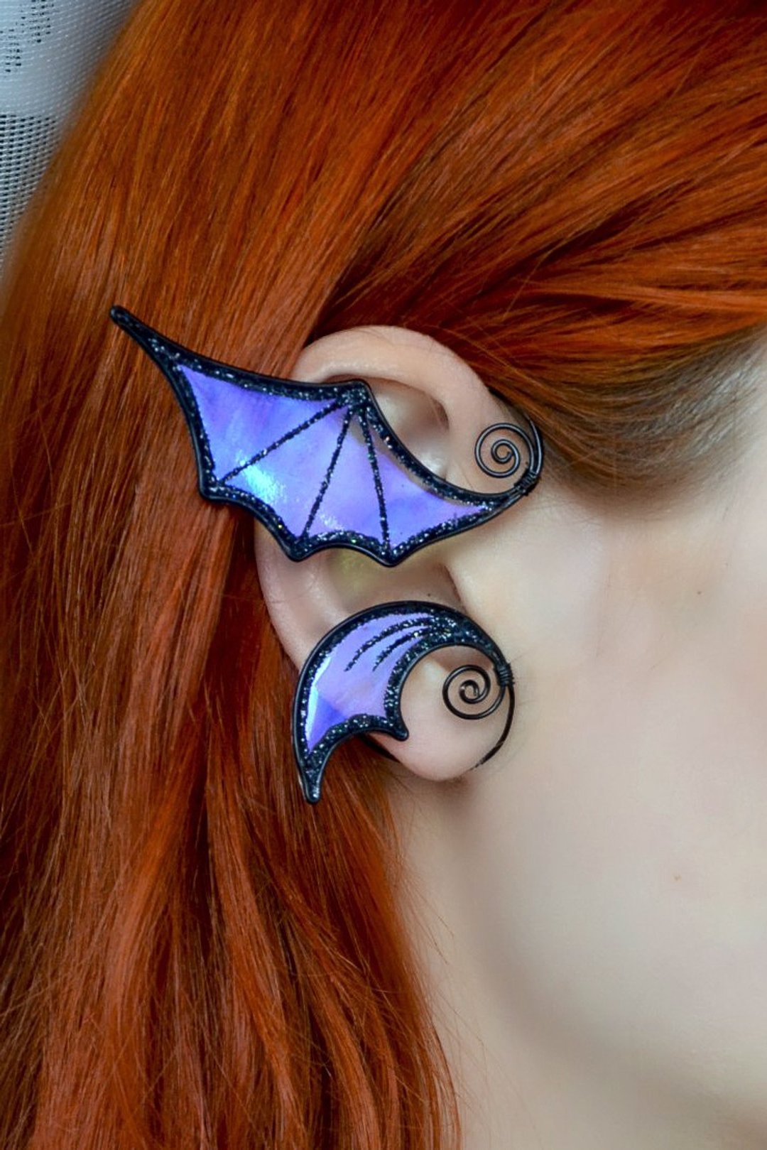 Gothic bat ear cuff earring no piercing - 耳环/耳夹 - 铜/黄铜 紫色