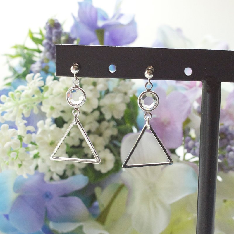 奥地利水晶三角环纯银耳环 可改夹式耳环  礼物订制 - 耳环/耳夹 - 宝石 白色