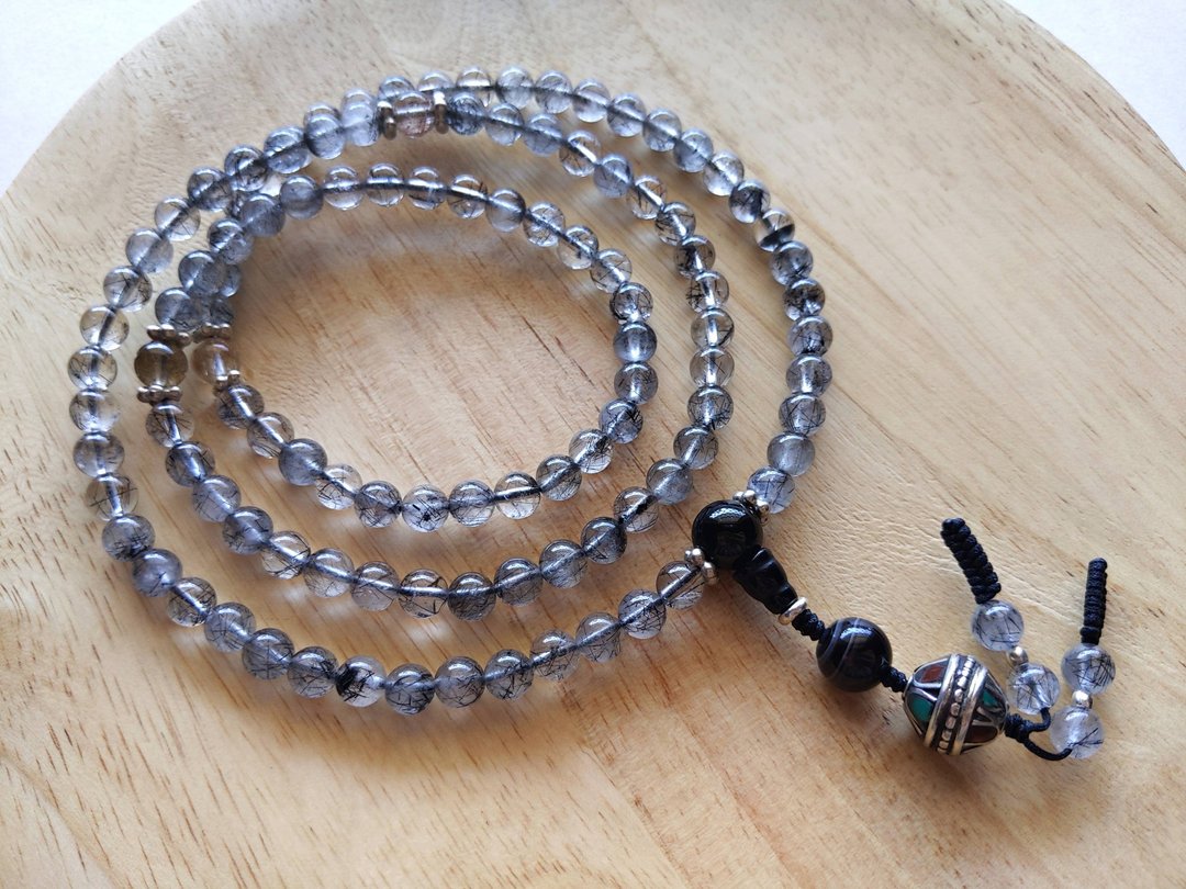 ORLI Jewelry 天然黑发晶108颗念珠 尼泊尔纯银珠 天然石 - 项链 - 宝石 黑色