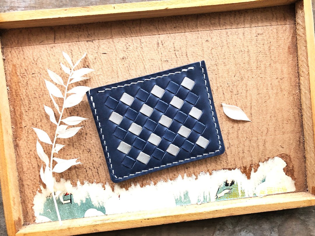 拼色织皮咭套 皮革材料包 免费刻名 名片夹 植鞣 卡片套 DIY 手工 - 皮件 - 真皮 灰色