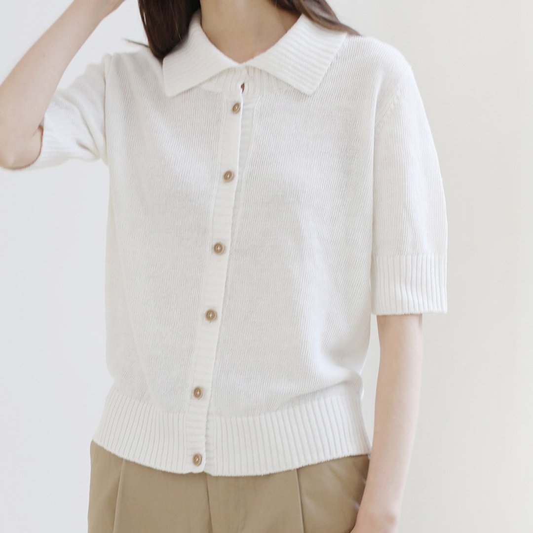 KOOW   百分百亚麻 五分袖法式翻领polo衫 春夏针织毛衣开衫 - 女装针织衫/毛衣 - 棉．麻 