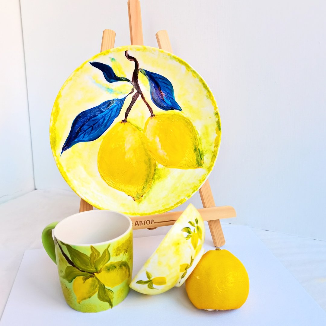 一套陶瓷餐具画原创手工柠檬房间装饰艺术 - 盘子/餐盘/盘架 - 瓷 多色