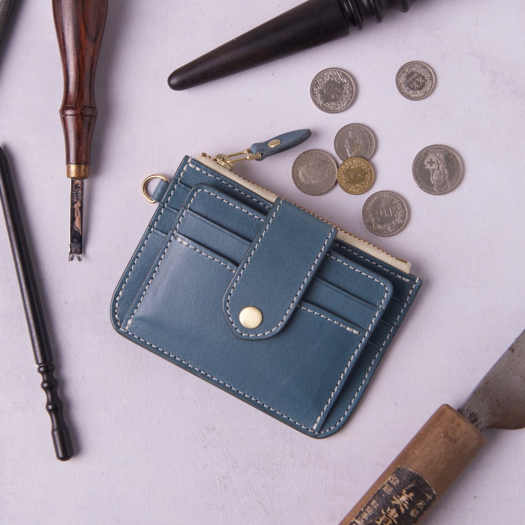零钱卡包Card Holder with Coin Purse Wallet/ 莫兰迪蓝 - 零钱包 - 真皮 蓝色