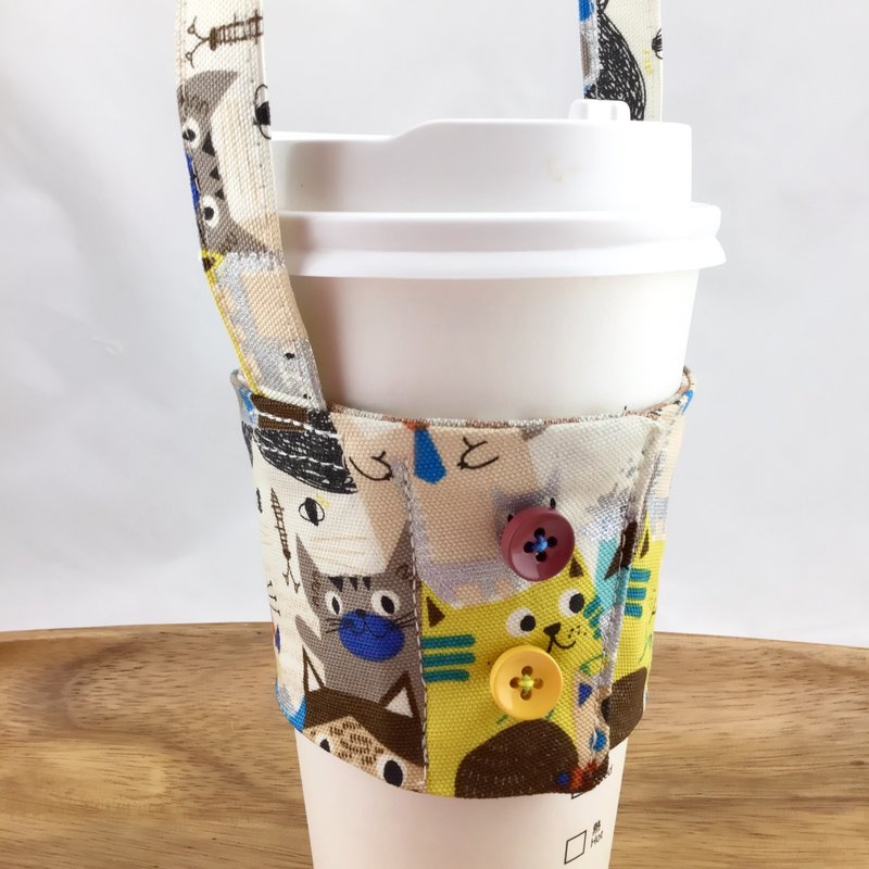 彩色猫—环保杯套提袋/钮扣款—毕业礼物 - 随行杯提袋/水壶袋 - 棉．麻 