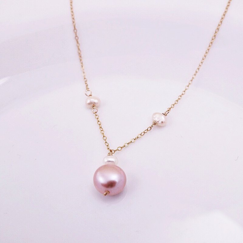 三颗星紫色天然淡水珍珠14KGF包金锁骨链 - 项链 - 宝石 紫色