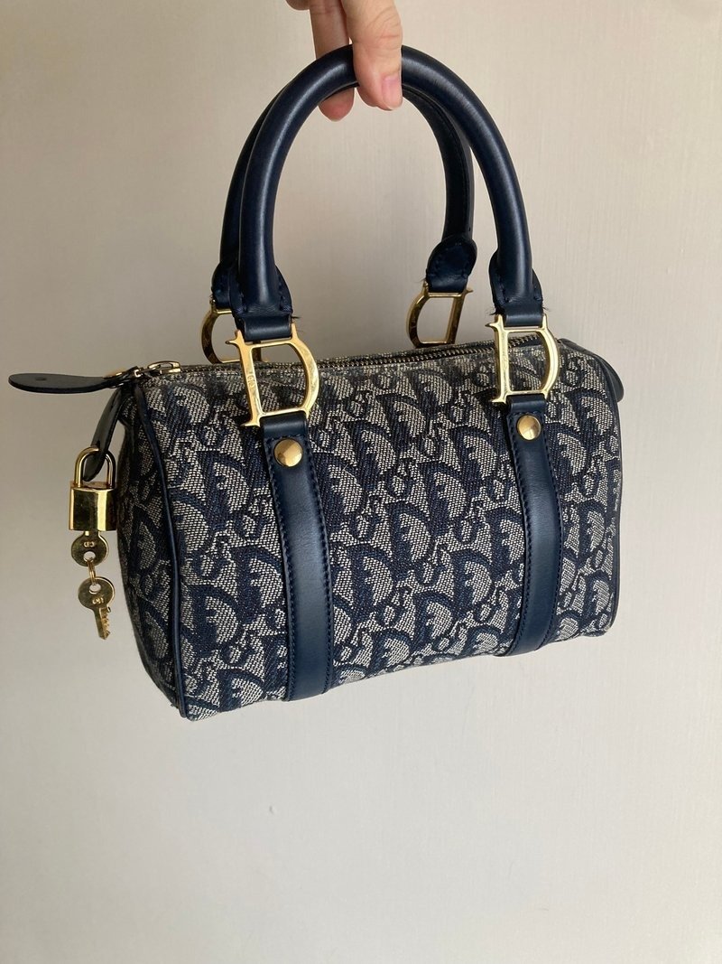稀有中古包 Dior 海军蓝老花波士顿迷你包 手提包 二手包 古董包 - 手提包/手提袋 - 其他材质 蓝色