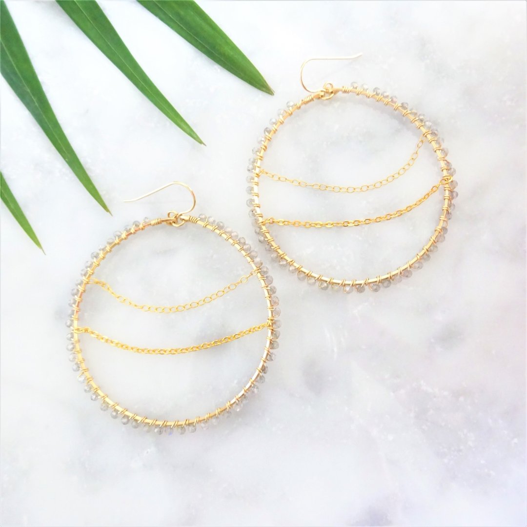 14kgf * Labradorite wrapped chain pierced earring / earring - 耳环/耳夹 - 宝石 灰色