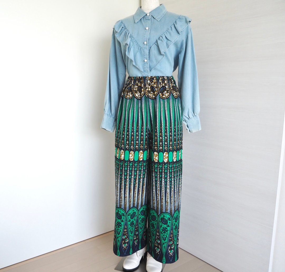 【日本制 手工制作】非洲布×附腰带　口袋宽裤　长裤　民族风 - 女装长裤 - 棉 多色