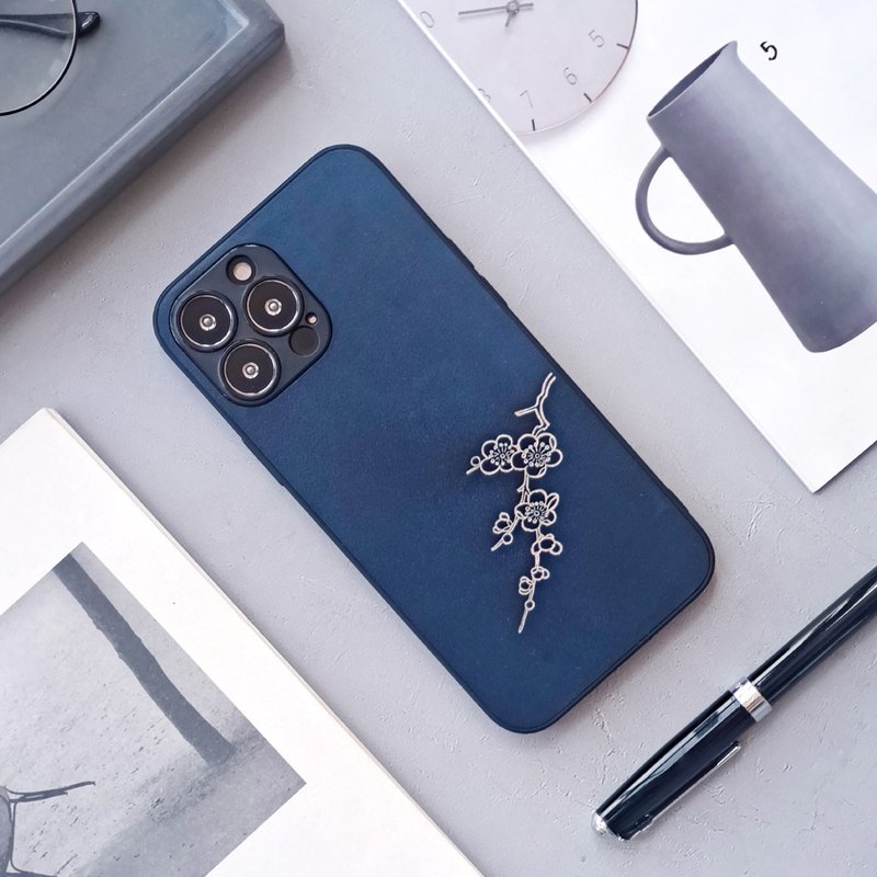 暗香疏影|深蓝苹果15promax手机壳iPhone14真皮保护套13mini后盖 - 手机壳/手机套 - 真皮 蓝色