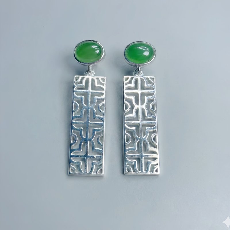 镂花 玉 耳环 天然碧玉 5x7mm x2 A货 925 纯银 礼物 - 耳环/耳夹 - 玉石 绿色