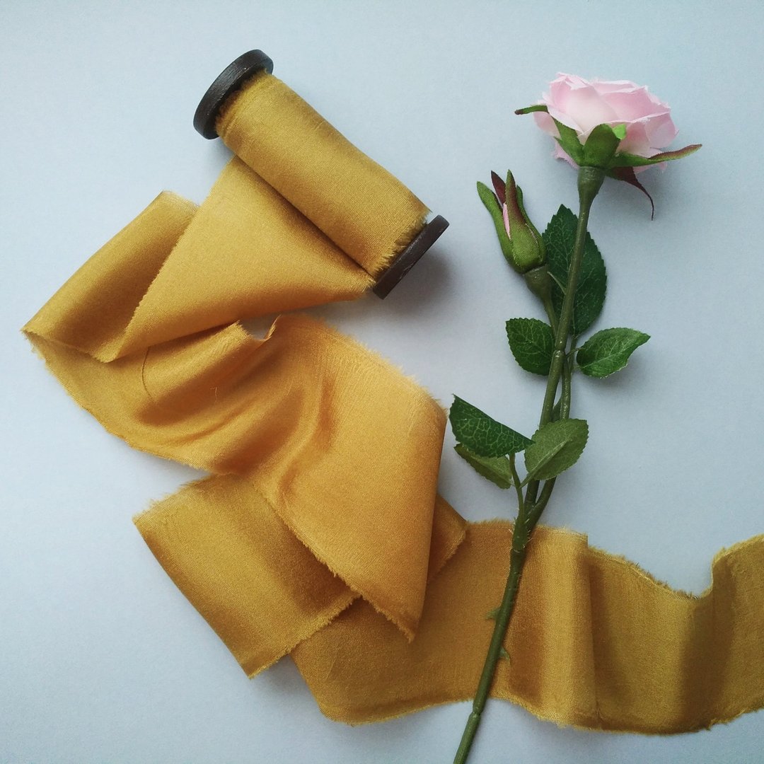 Mustard Silk Ribbon / Hand Dyed Silk Ribbon on Wooden Spool - 包装材料 - 丝．绢 黄色