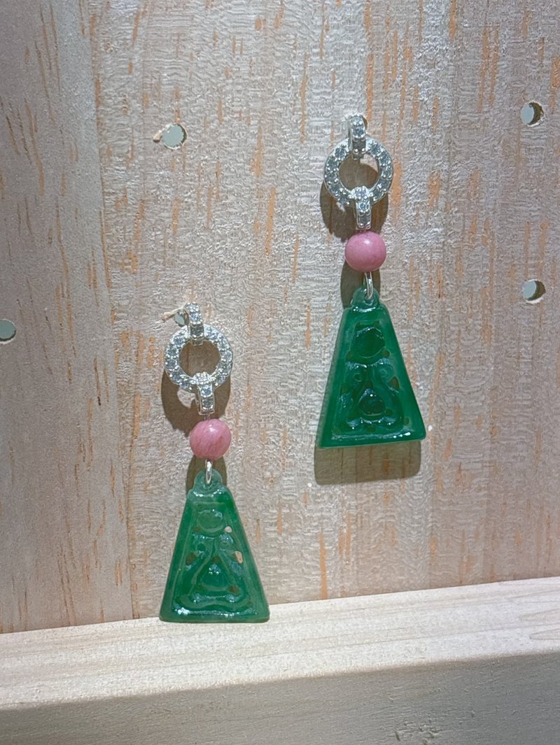 国风天然翡翠耳坠 - 耳环/耳夹 - 纯银 绿色