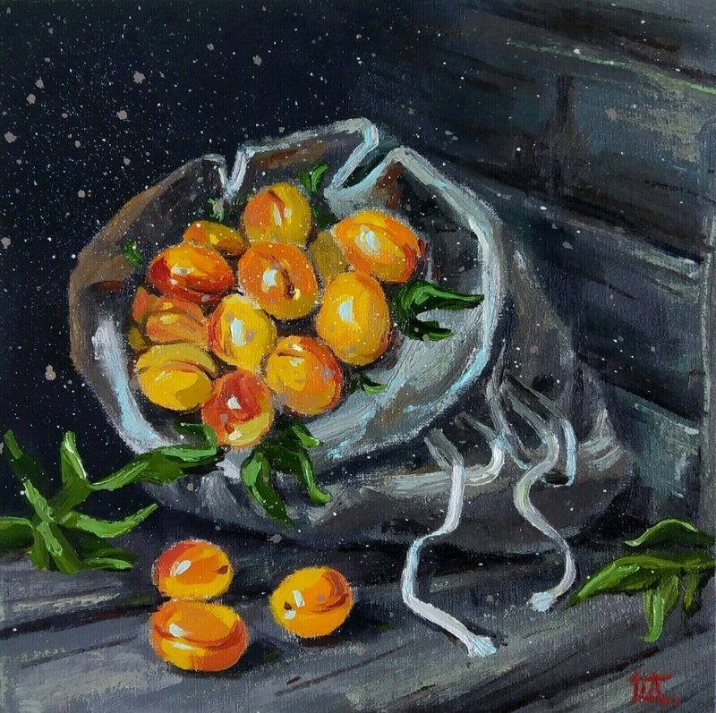 Signed Still Life with Apricots Oil Painting Apricots in a Canvas Pouch - 墙贴/壁贴 - 其他材质 多色