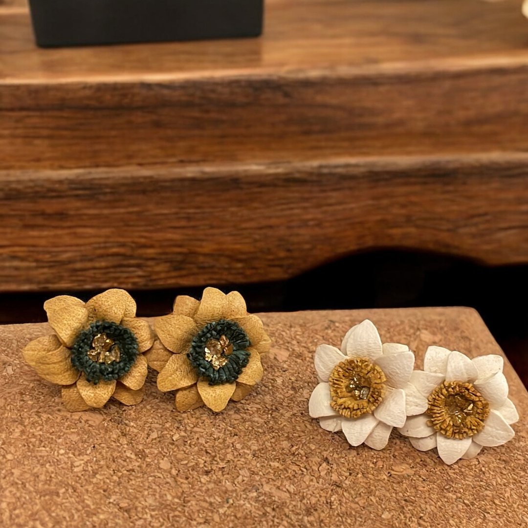 皮革花耳环 小菊耳环 - 摆饰 - 真皮 黄色