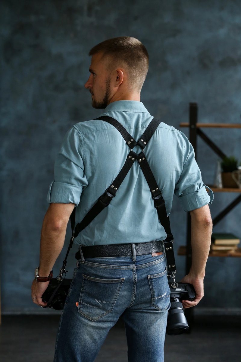 Camera Harness, Dual Camera Strap, Camera Strap, Dual Camera Harness, Leather Ca - 皮带/腰带 - 真皮 黑色