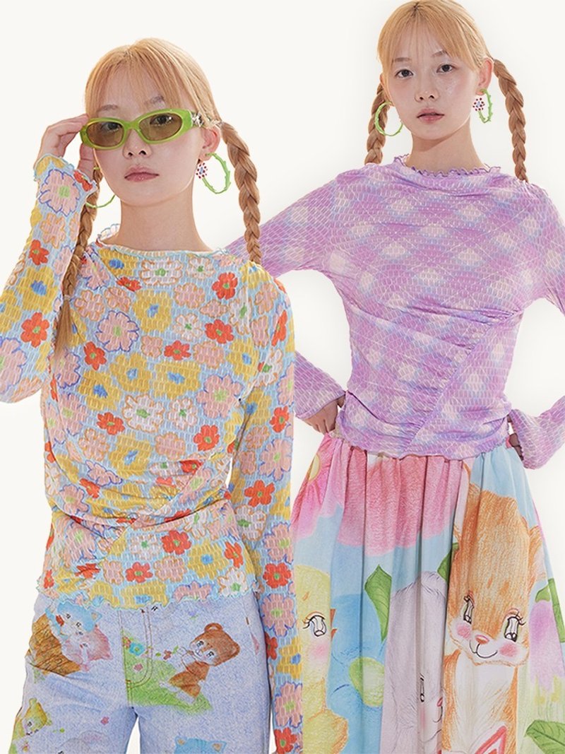 展示品｜两色手绘花纹格纹压皱网纱打底衫，适合层层叠搭 - 女装 T 恤 - 聚酯纤维 紫色