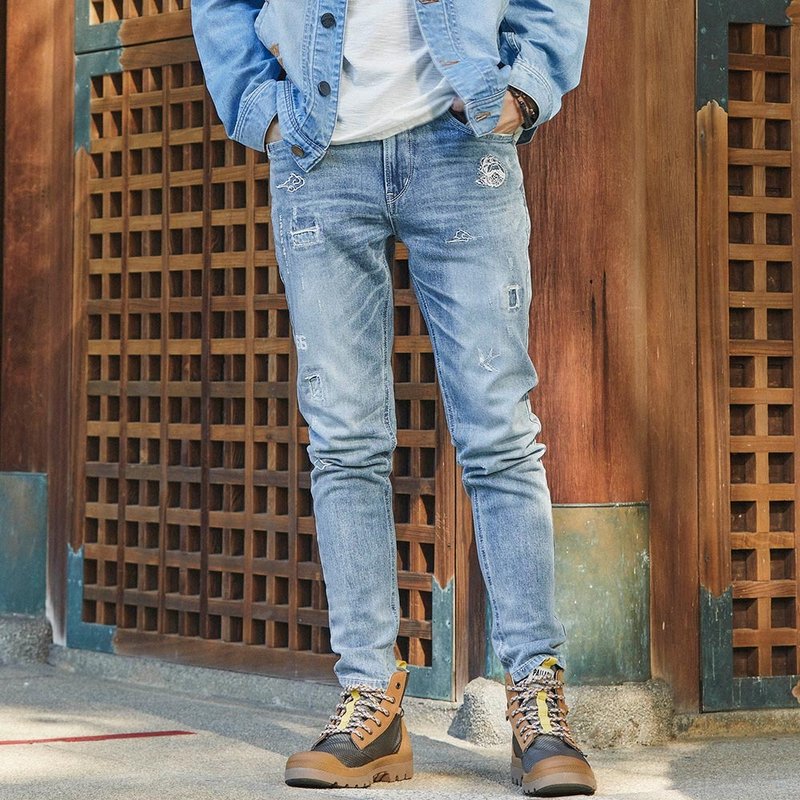 江户胜 日系 男装 经典刺绣窄管丹宁直筒裤(重漂蓝) #牛仔裤 - 男士短裤 - 棉．麻 蓝色