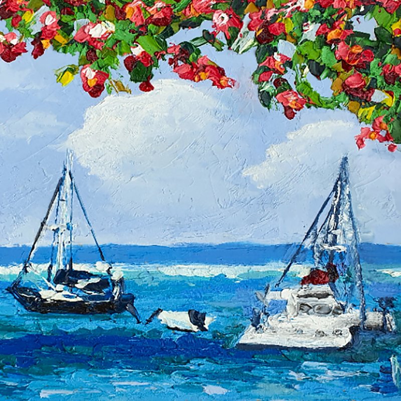 Boats Painting Sailboats Original Art Thailand Seascape Nautical Wall Art Travel - 海报/装饰画/版画 - 其他材质 蓝色