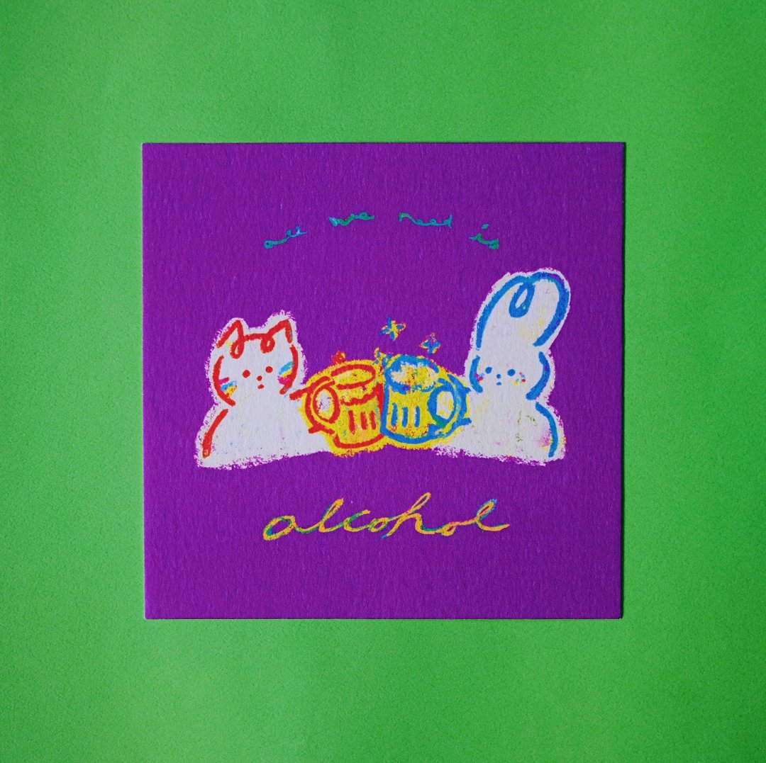 Shuku Somi Postcard - All we need is alcohol | 兔猫明信片 - 卡片/明信片 - 纸 多色