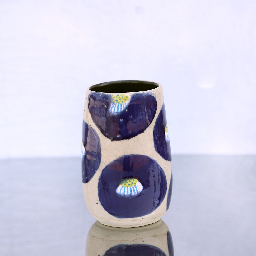 钴蓝釉彩椿花陶瓷花瓶 手工艺术花器 仅此一件 - 花瓶/陶器 - 陶 蓝色