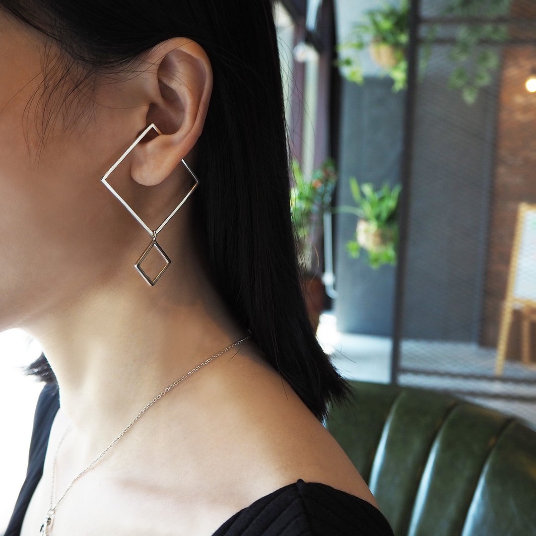 square c earring_方框c耳骨环 没耳洞 耳环 耳夹 订制 耳骨夹 - 耳环/耳夹 - 银 银色
