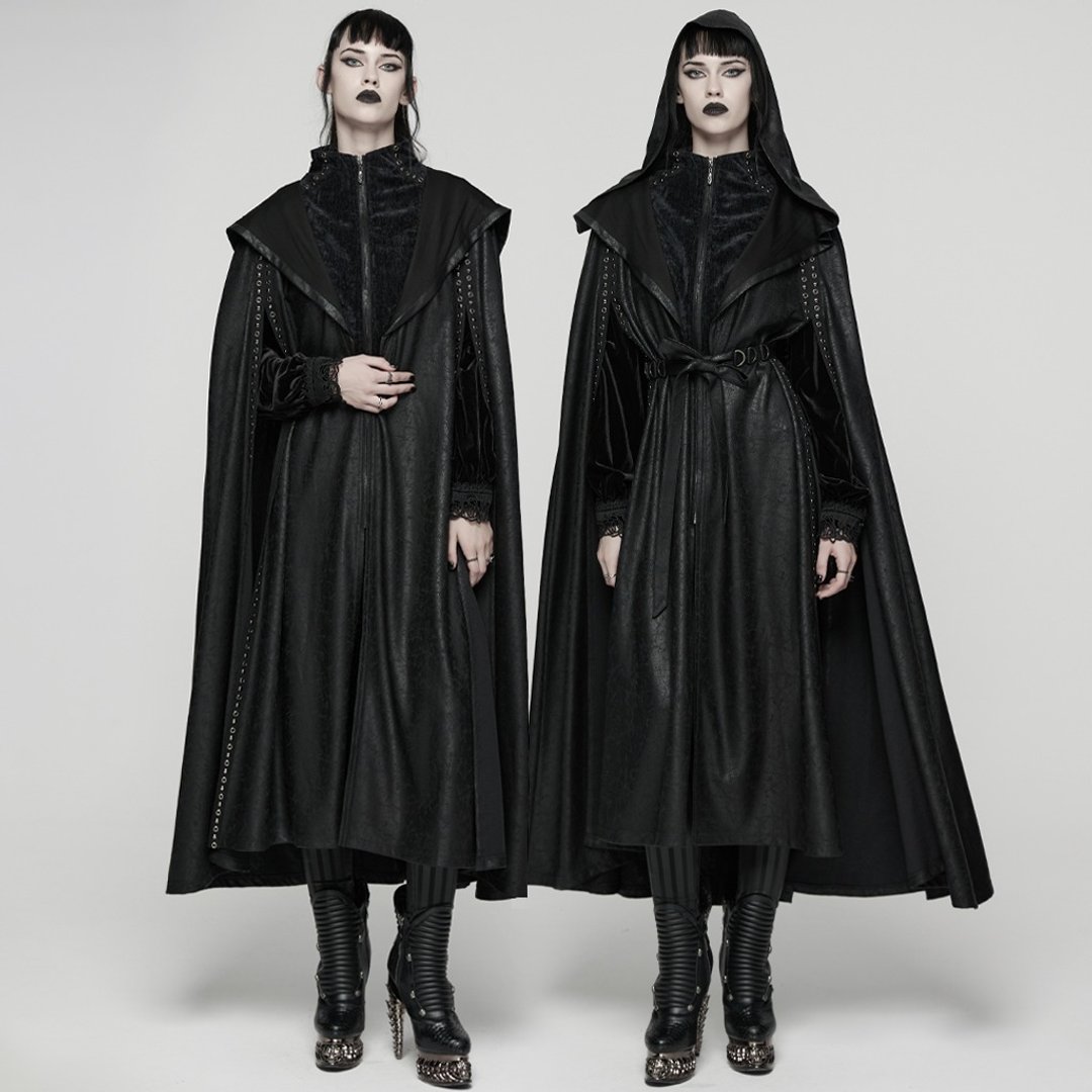 爱流西斯巫师裂纹皮连帽斗篷 / 附腰带 - 女装休闲/机能外套 - 其他材质 黑色