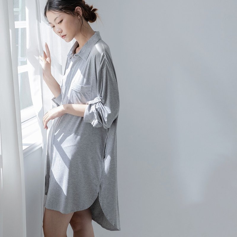 莫代尔衬衫式长罩衫-灰色 - 居家服/睡衣 - 其他人造纤维 