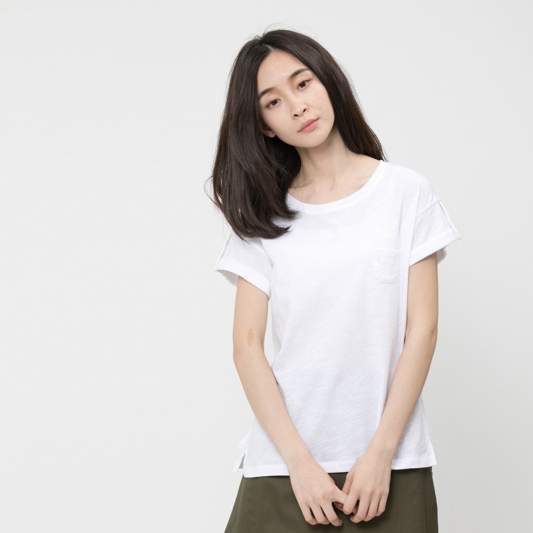 竹节棉褶袖钮扣上衣/白 - 女装 T 恤 - 棉 白色