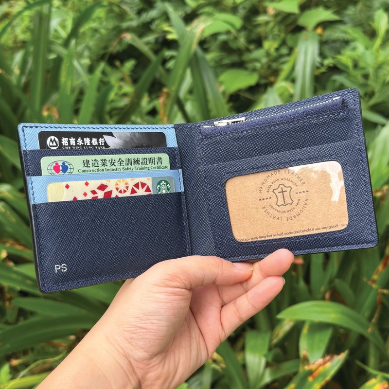 【短钱包】蓝色十字纹牛皮/经典两折皮夹/男女适用款/手工制 - 皮夹/钱包 - 真皮 蓝色