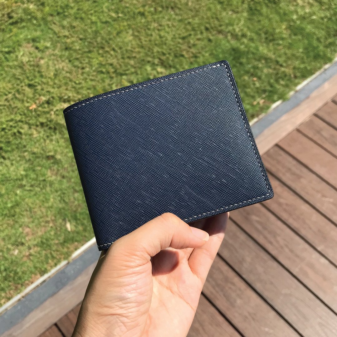 蓝色十字纹牛皮 短银包 经典两折皮夹 纯手工制 - 皮夹/钱包 - 真皮 蓝色