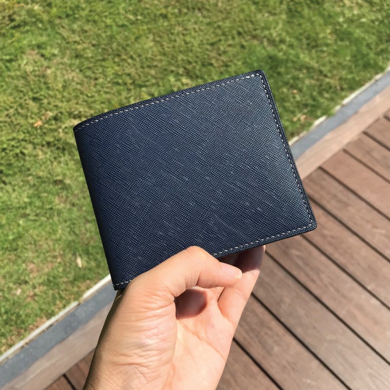 蓝色十字纹牛皮 短银包 经典两折皮夹 纯手工制 - 皮夹/钱包 - 真皮 蓝色