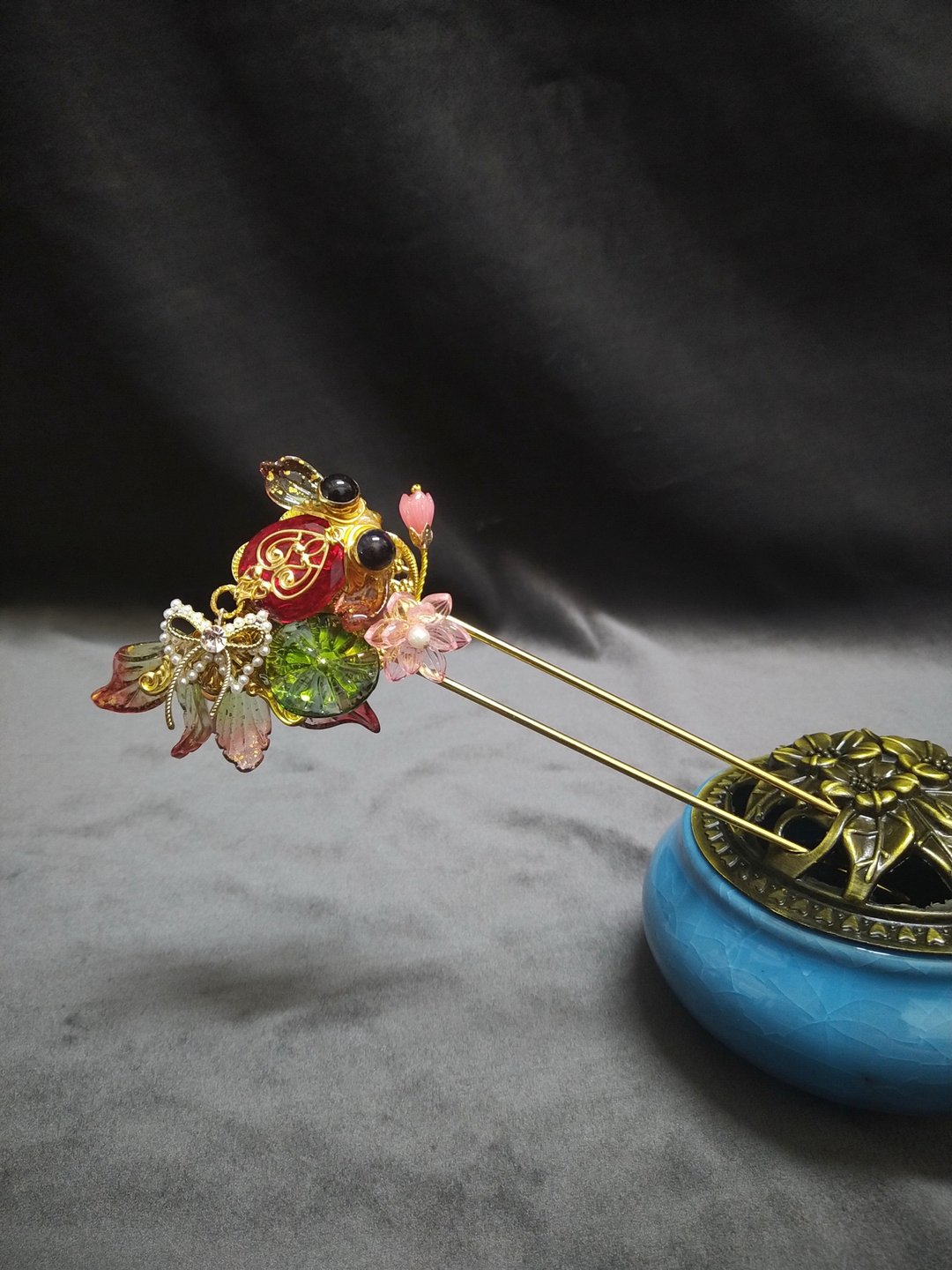 裙摆摇摇小金鱼系列【花叶款】~ 双股发簪 - 发饰 - 琉璃 红色