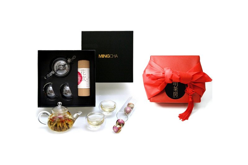【热销No 1茶叶礼品 - 花开富贵】明茶房玻璃茶壶连茉莉仙桃茶套 - 茶 - 纸 白色