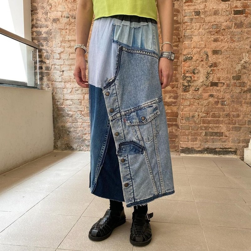 不规则 牛仔拼布松紧带半身裙 - 裙子 - 棉．麻 蓝色